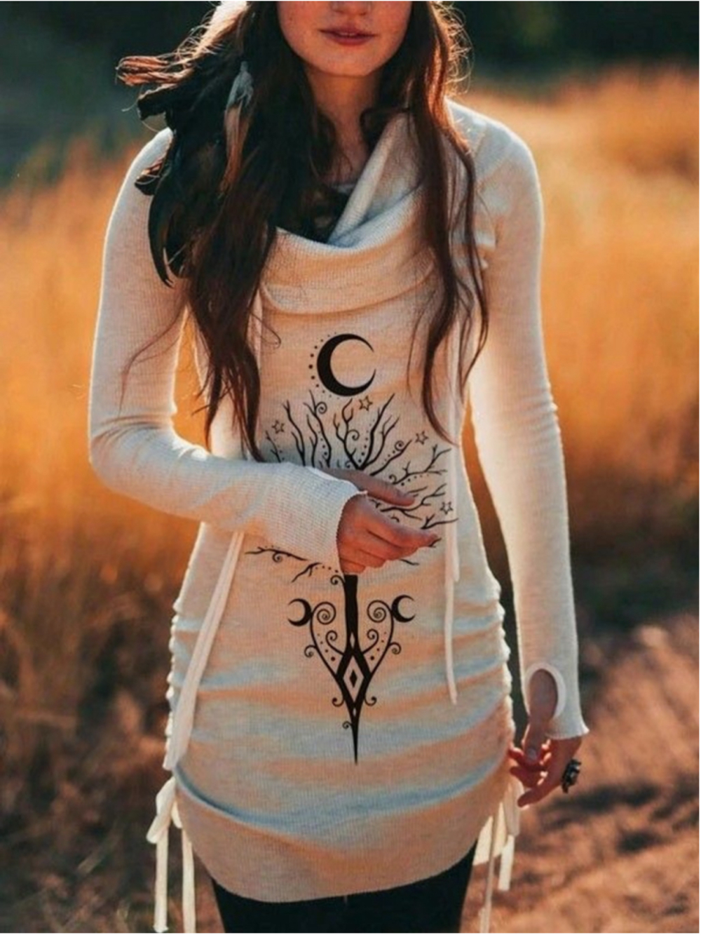 Cowel Nexk Long Tunic Top Size XL Beige Black Moon Tree Print Celestial Mystical